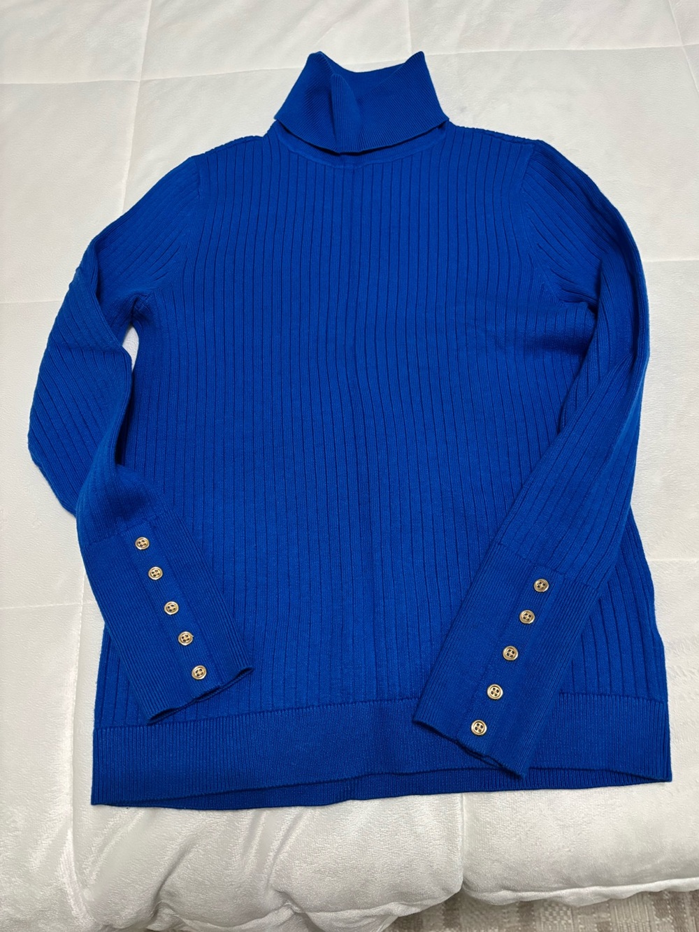 Cobalt Blue Ribbed Turtleneck Sweater with Gold Buttons